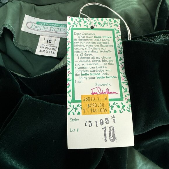 Vtg 80s Jane Schaffhausen Belle France Green Velvet & Taffeta Midi Dress Bk Bow - Picture 8 of 8